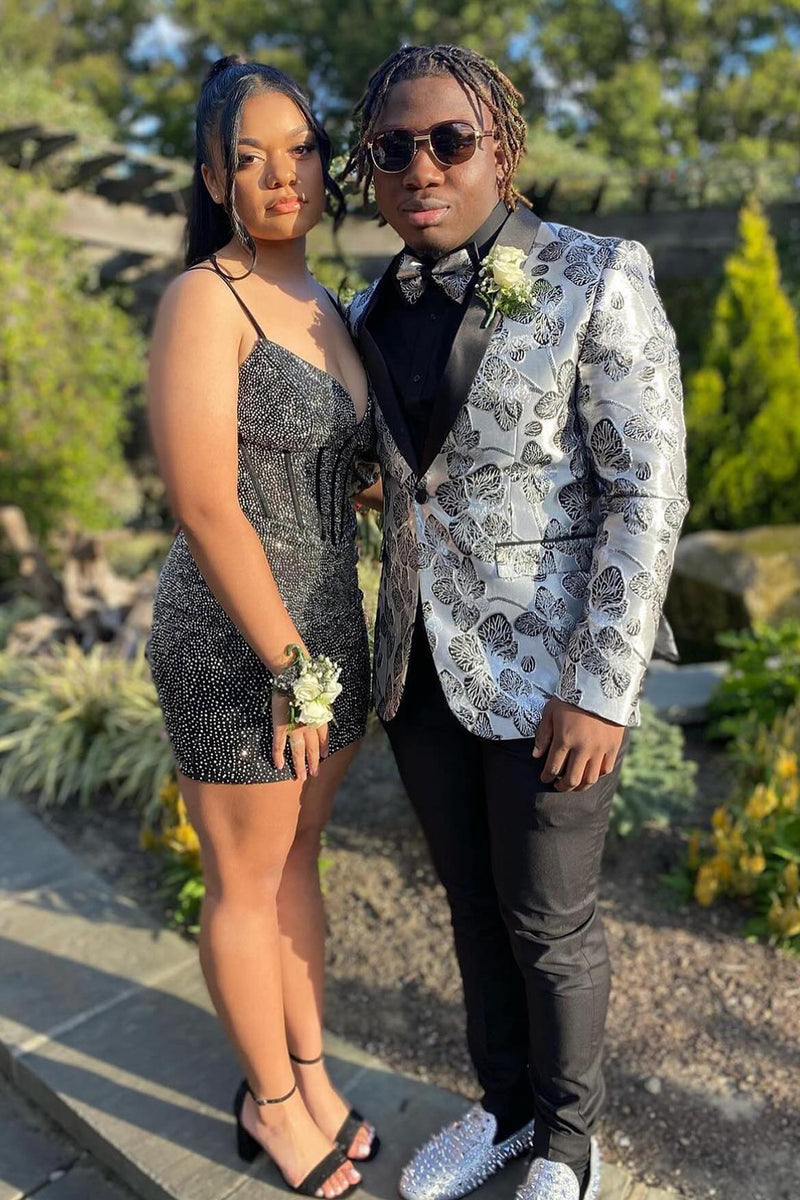 Load image into Gallery viewer, Shawl Lapel Floral Silver One Button 2 Piece Prom Suits for Men