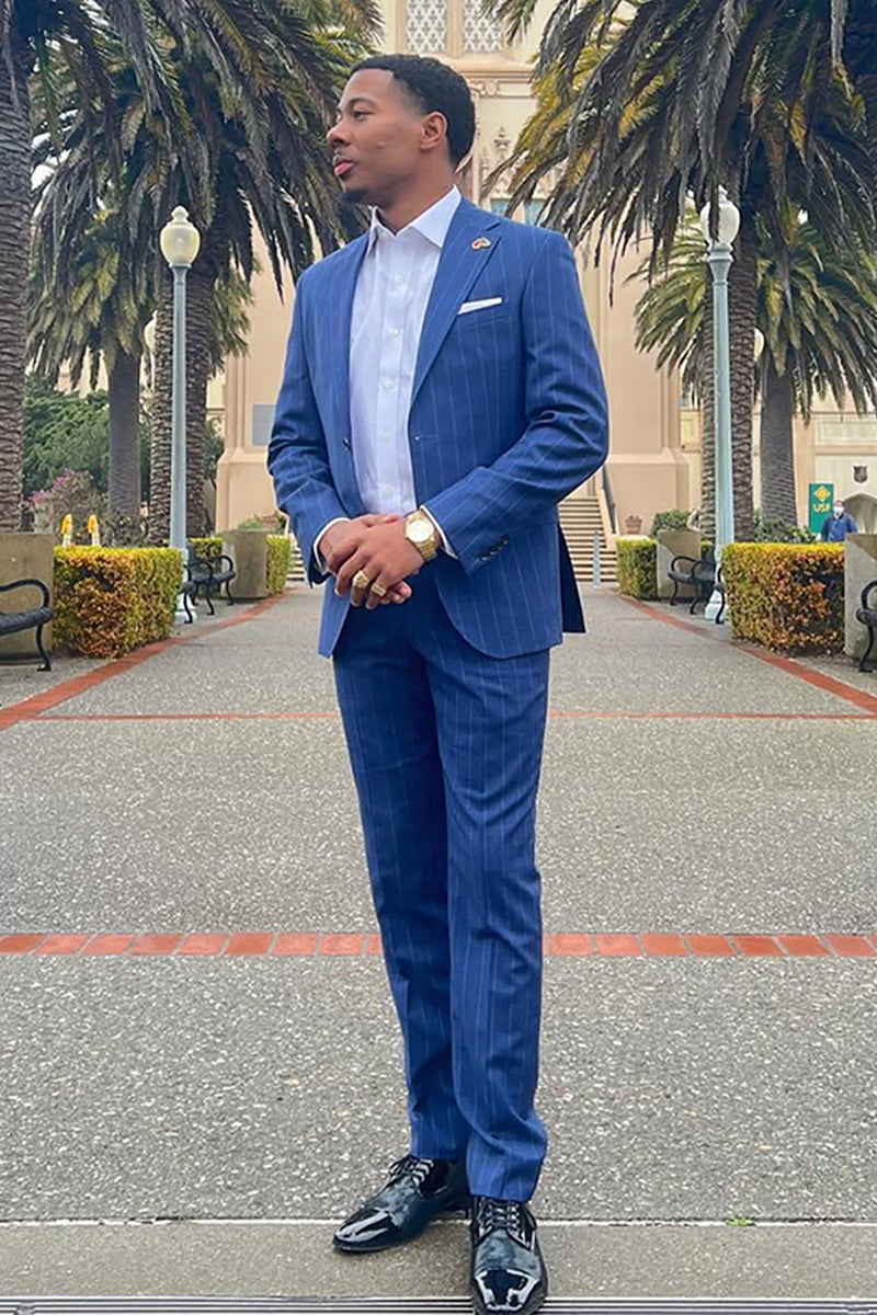 Load image into Gallery viewer, Striped Notched Lapel 2 Pieces Blue Men's Prom Suits