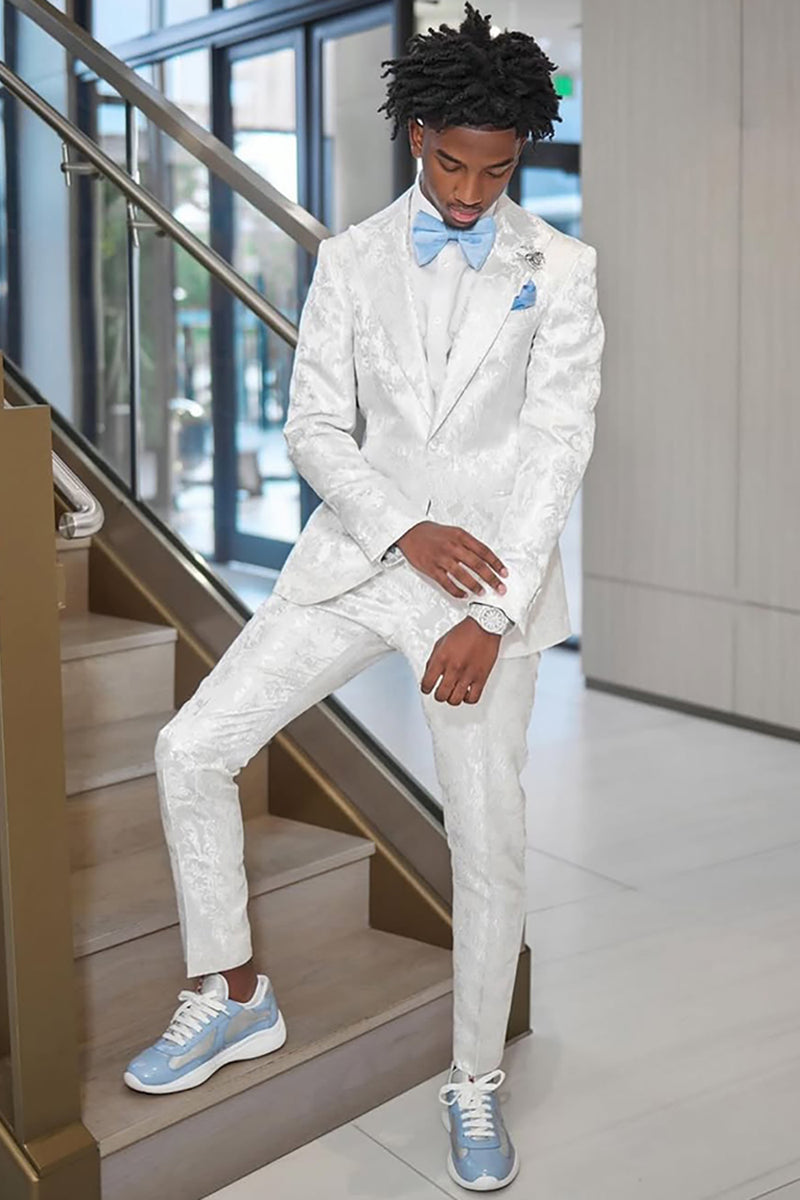 Load image into Gallery viewer, Jacquard Peaked Lapel 2 Pieces White Men's Prom Suits