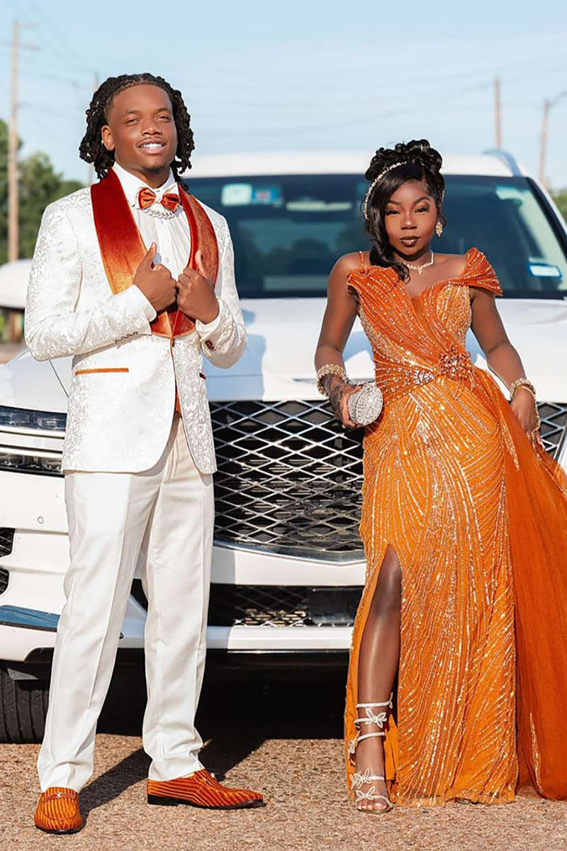 Load image into Gallery viewer, Shawl Lapel Jacquard 2 Pieces White Satin Prom Suits