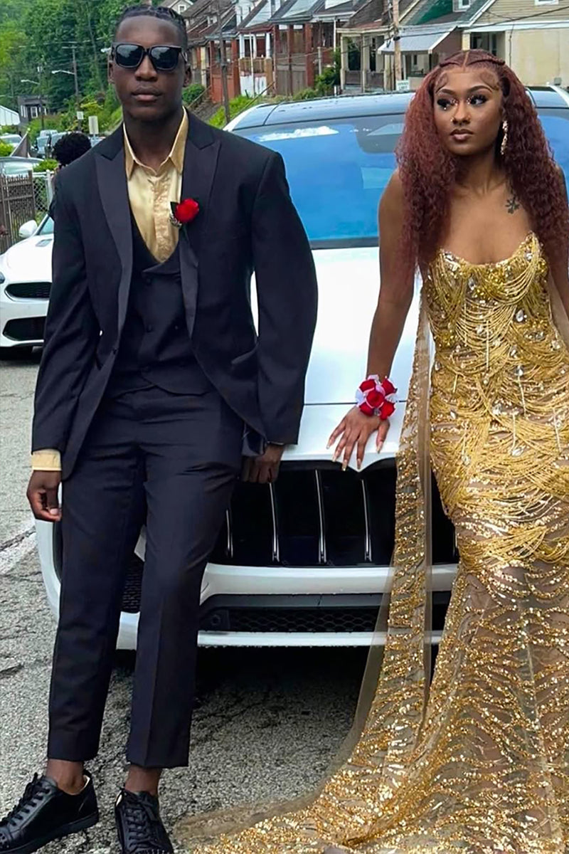 Load image into Gallery viewer, Black Peaked Lapel 3 Pieces Slim Fit Men's Wedding Suits