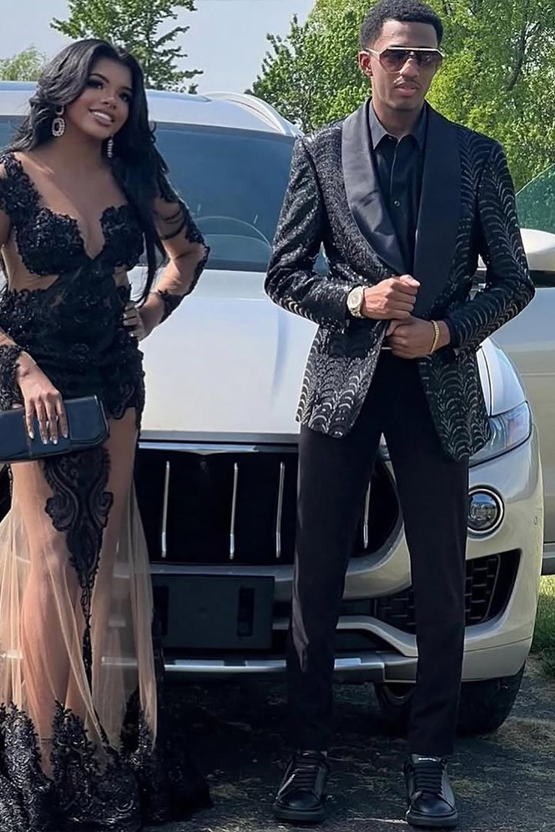 Load image into Gallery viewer, Black Sequin 2 Pieces Shawl Lapel Men's Prom Suits