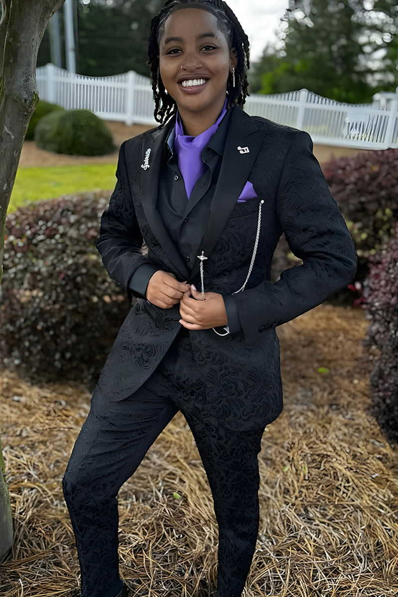 Load image into Gallery viewer, Jacquard Black 2 Pieces Peaked Lapel Men's Prom Suits