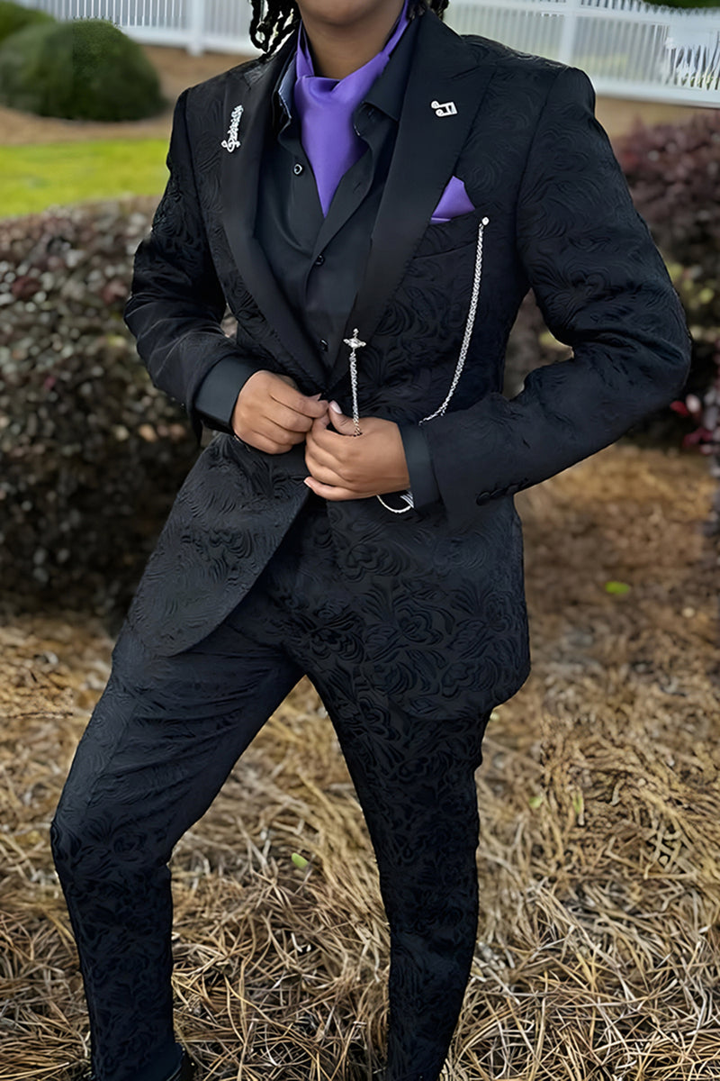 Load image into Gallery viewer, Jacquard Black 2 Pieces Peaked Lapel Men's Prom Suits