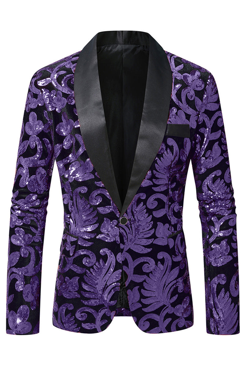 Load image into Gallery viewer, Sparkly Purple 2 Piece Shawl Lapel Sequin Prom Suits