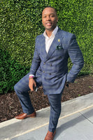 Load image into Gallery viewer, Navy Grid Peaked Lapel 2 Pieces Men's Prom Suits