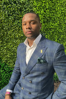 Load image into Gallery viewer, Navy Grid Peaked Lapel 2 Pieces Men's Prom Suits