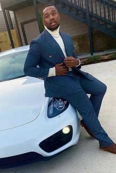 Navy Striped Peaked Lapel 2 Pieces Men's Prom Suits