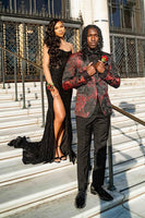 Load image into Gallery viewer, Black Red Jacquard Notched Lapel 2 Pieces Prom Suits