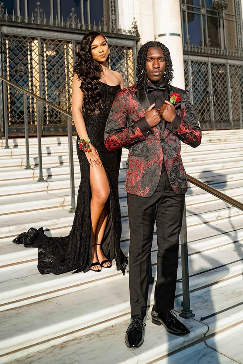 Load image into Gallery viewer, Black Red Jacquard Notched Lapel 2 Pieces Prom Suits