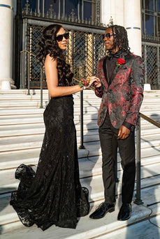 Black Red Jacquard Notched Lapel 2 Pieces Prom Suits