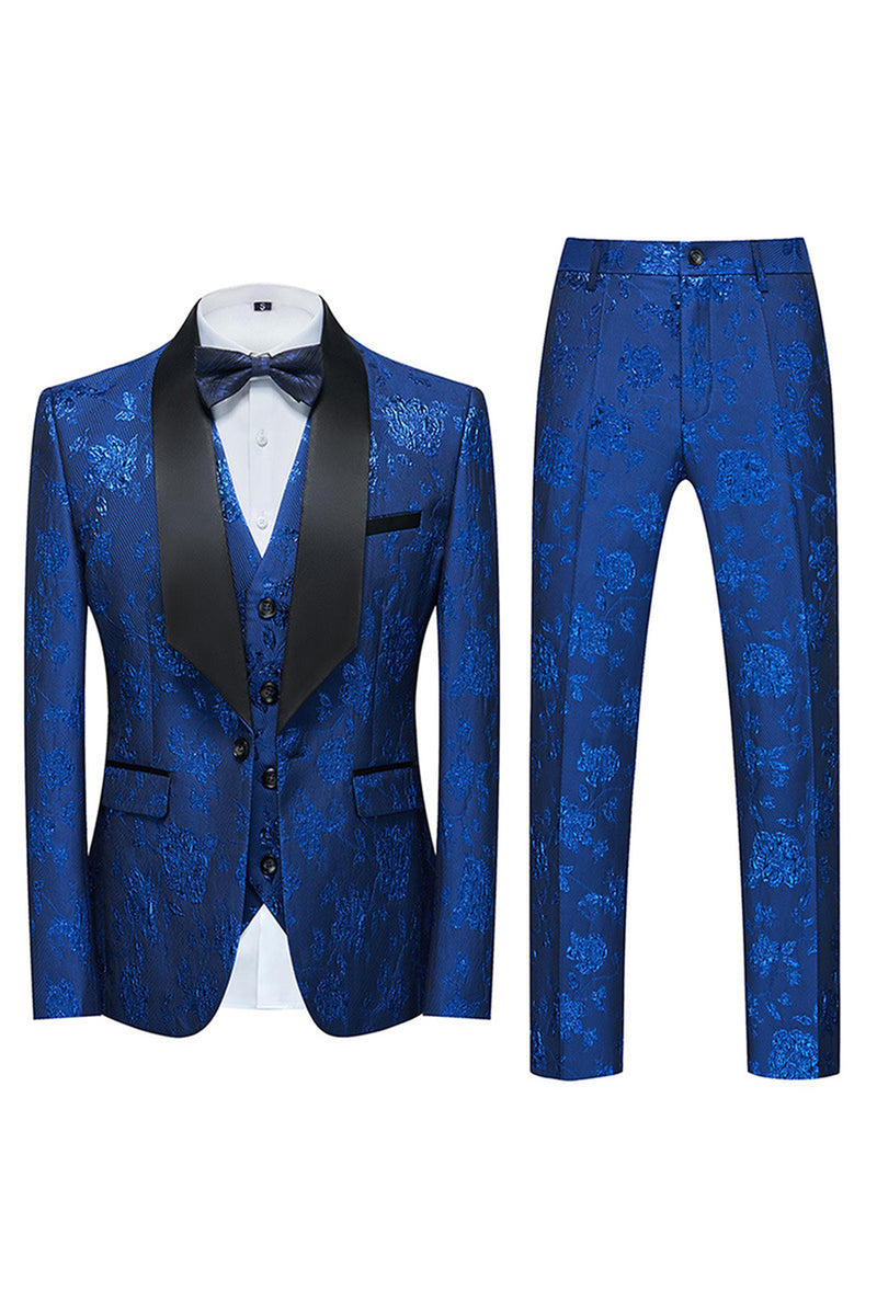 Load image into Gallery viewer, Jacquard Blue Shawl Lapel 3 Pieces Men's Prom Suits