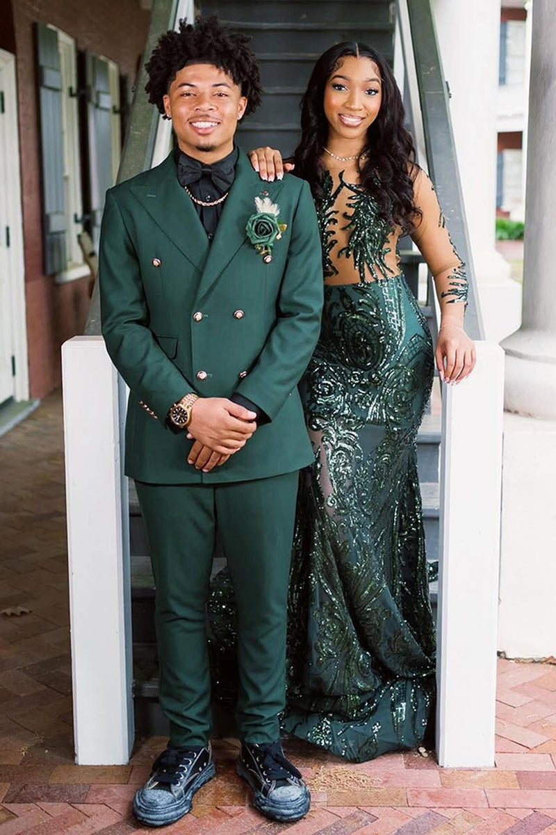 Load image into Gallery viewer, Peaked Lapel Dark Green 2 Pieces Prom Suits