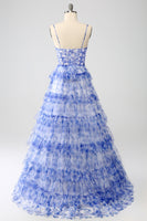 Load image into Gallery viewer, Blue Printed A Line Tiered Hollow-out Long Prom Dress