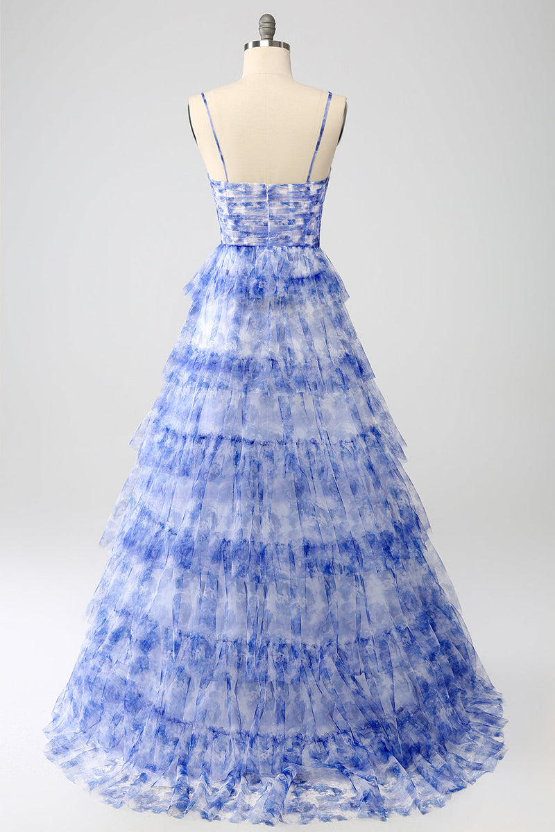Load image into Gallery viewer, Blue Printed A Line Tiered Hollow-out Long Prom Dress