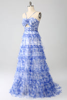 Load image into Gallery viewer, Blue Printed A Line Tiered Hollow-out Long Prom Dress
