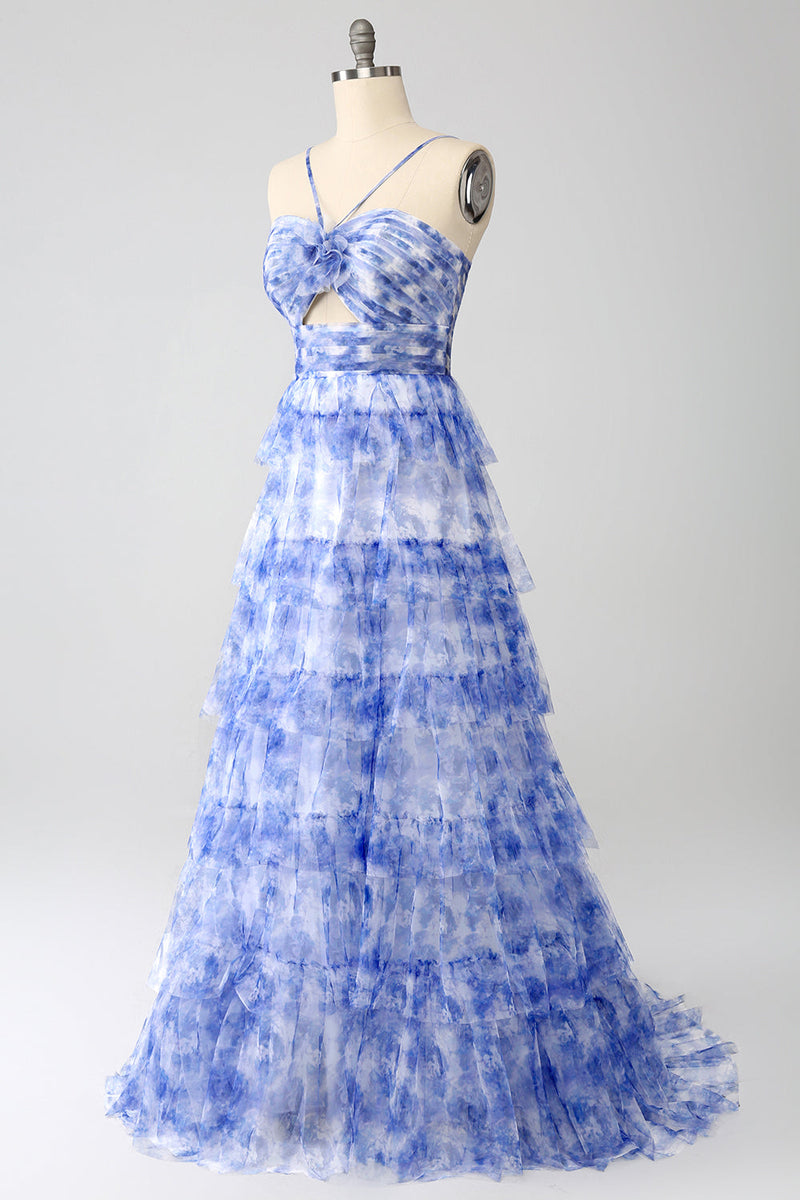 Load image into Gallery viewer, Blue Printed A Line Tiered Hollow-out Long Prom Dress