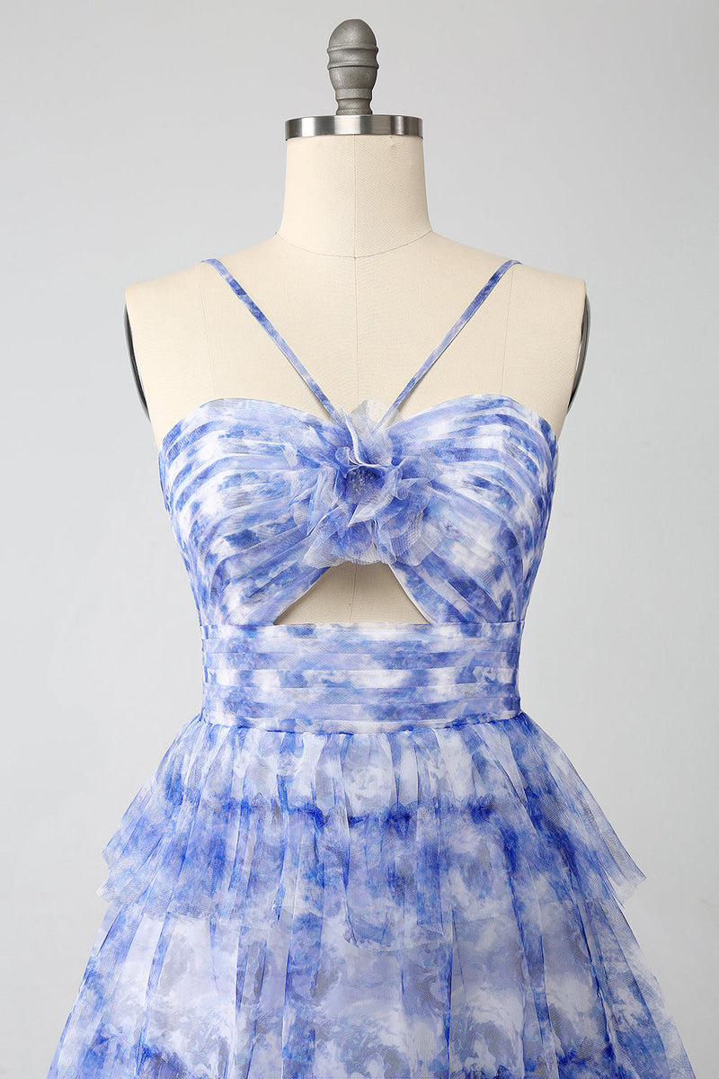 Load image into Gallery viewer, Blue Printed A Line Tiered Hollow-out Long Prom Dress