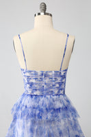 Load image into Gallery viewer, Blue Printed A Line Tiered Hollow-out Long Prom Dress