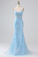 Load image into Gallery viewer, Sparkly Light Blue Mermaid Spaghetti Straps Long Prom Dress With Beading
