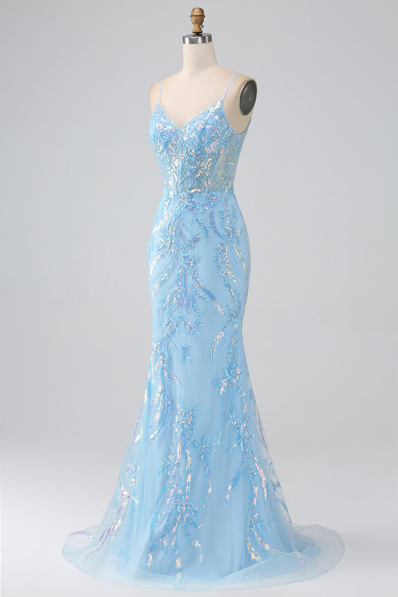 Load image into Gallery viewer, Sparkly Light Blue Mermaid Spaghetti Straps Long Prom Dress With Beading