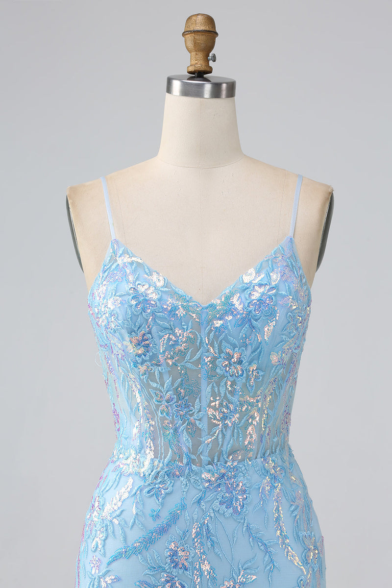Load image into Gallery viewer, Sparkly Light Blue Mermaid Spaghetti Straps Long Prom Dress With Beading