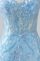 Load image into Gallery viewer, Sparkly Light Blue Mermaid Spaghetti Straps Long Prom Dress With Beading