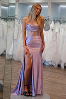Load image into Gallery viewer, Lilac Pleated Strapless Corset Prom Dress with Slit
