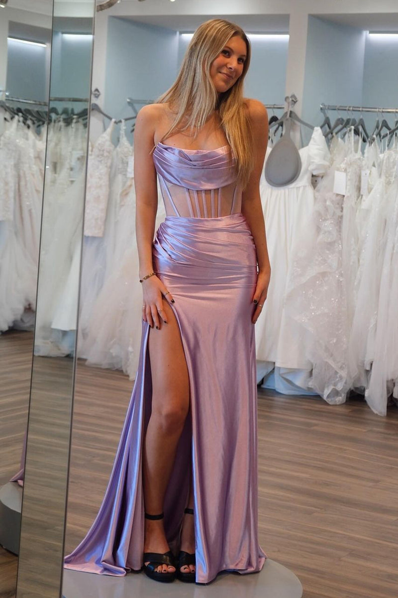 Load image into Gallery viewer, Lilac Pleated Strapless Corset Prom Dress with Slit