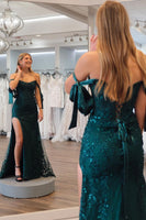 Load image into Gallery viewer, Dark Green Appliques Off the Shoulder Prom Dress with Slit