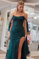 Load image into Gallery viewer, Dark Green Appliques Off the Shoulder Prom Dress with Slit