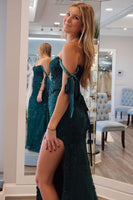 Load image into Gallery viewer, Dark Green Appliques Off the Shoulder Prom Dress with Slit
