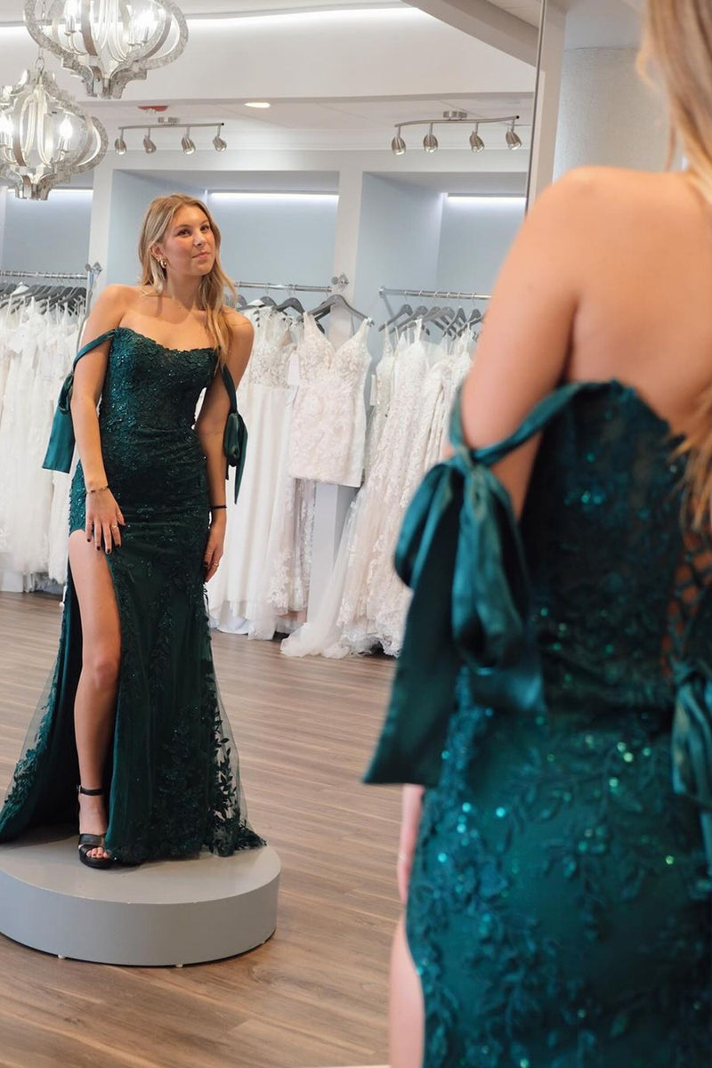 Load image into Gallery viewer, Dark Green Appliques Off the Shoulder Prom Dress with Slit