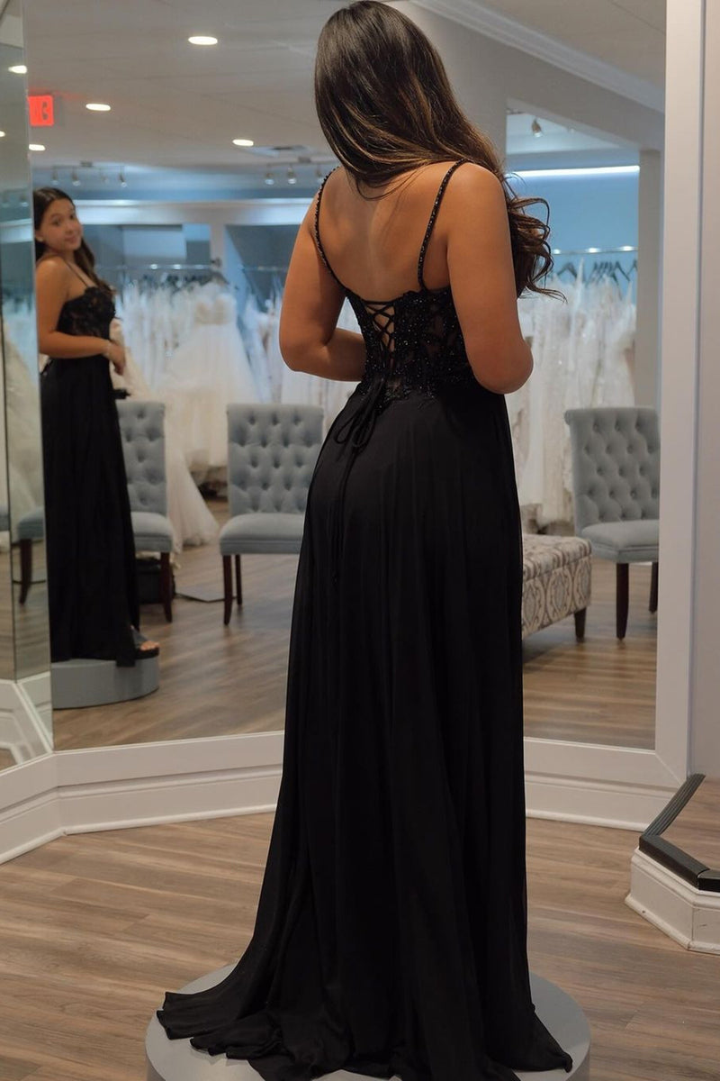 Hellymoon Women Black Corset Prom Dress with Slit Spaghetti Straps A