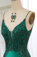 Load image into Gallery viewer, Mermaid Dark Green Spaghetti Straps Satin Beaded Prom Dress