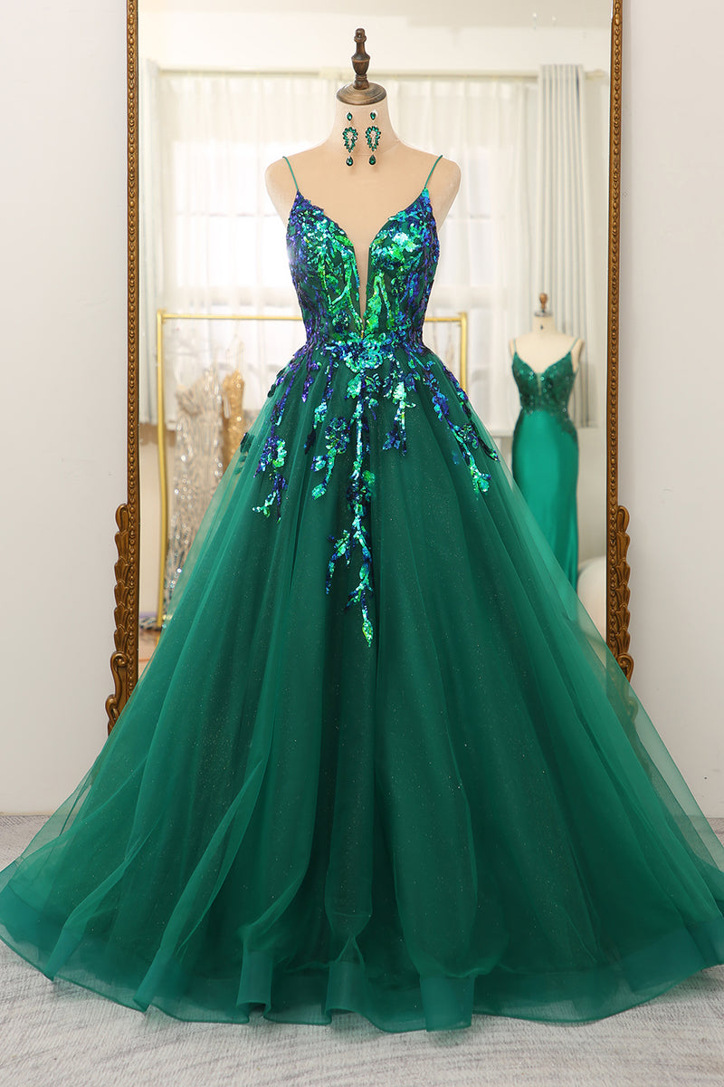 Load image into Gallery viewer, A Line Dark Green Spaghetti Straps Prom Dress with Sequins