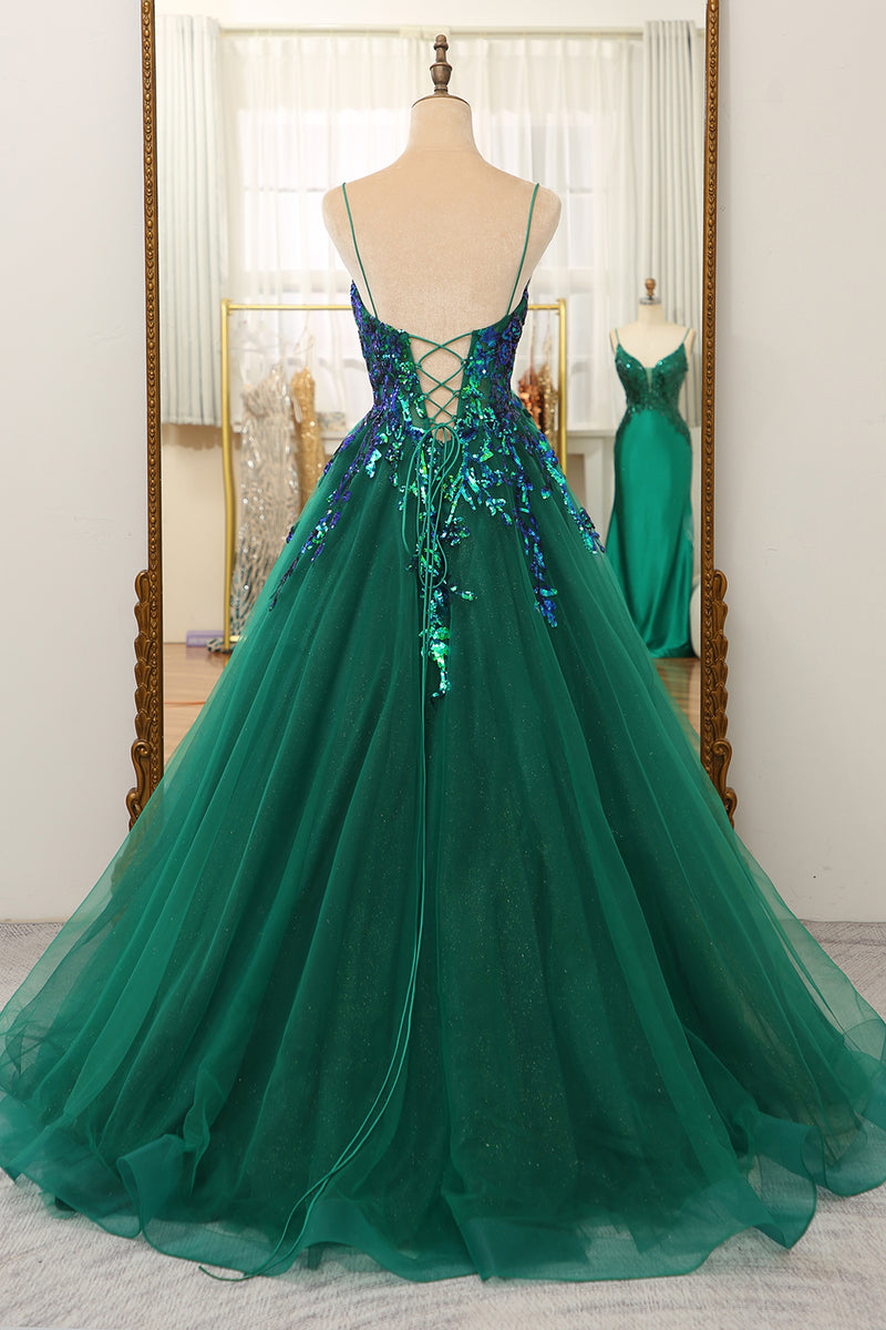 Load image into Gallery viewer, A Line Dark Green Spaghetti Straps Prom Dress with Sequins