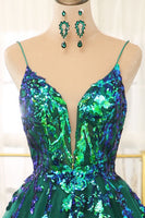 Load image into Gallery viewer, A Line Dark Green Spaghetti Straps Prom Dress with Sequins