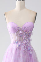 Load image into Gallery viewer, Lavender Printed Strapless Corset Prom Dress with Beading