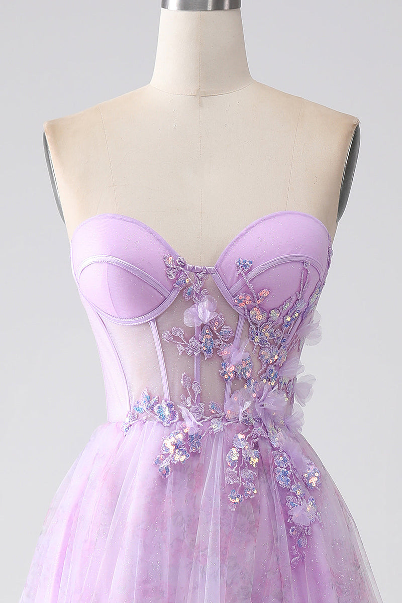 Load image into Gallery viewer, Lavender Printed Strapless Corset Prom Dress with Beading