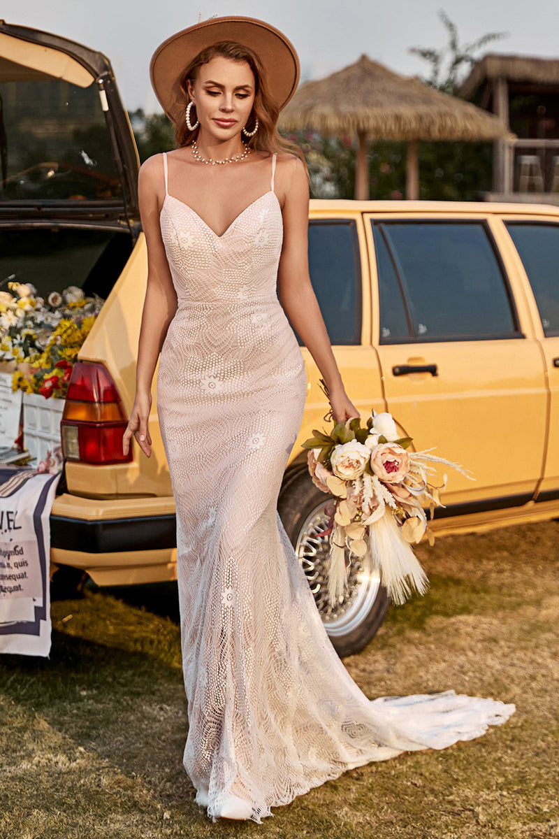 Hellymoon Women White and Champagne Spaghetti Straps Mermaid Lace Beach Wedding Dress With Sweep Train hellymoonuk Hellymoon Women White and Champagne Spaghetti Straps Mermaid Lace Beach Wedding Dress With Sweep Train hellymoonuk