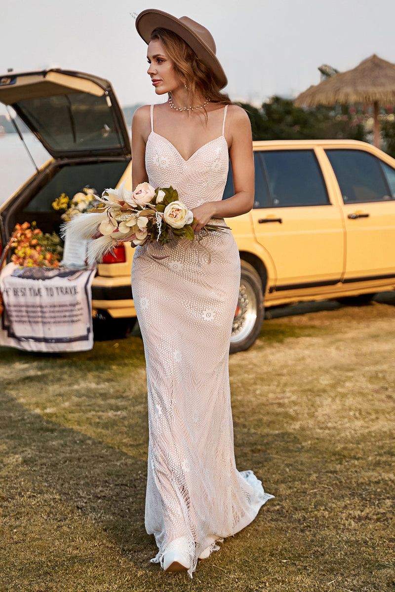 Load image into Gallery viewer, Ivory and Champagne Spaghetti Straps Mermaid Lace Beach Wedding Dress With Sweep Train