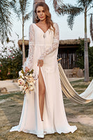 Load image into Gallery viewer, Ivory Lace Chiffon Trumpet Sleeve Boho Wedding Dress