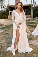 Load image into Gallery viewer, Ivory Lace Chiffon Trumpet Sleeve Boho Wedding Dress