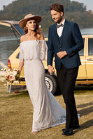 Load image into Gallery viewer, Ivory Mermaid Off The Shoulder Lace Boho Wedding Dress With Sweep Train