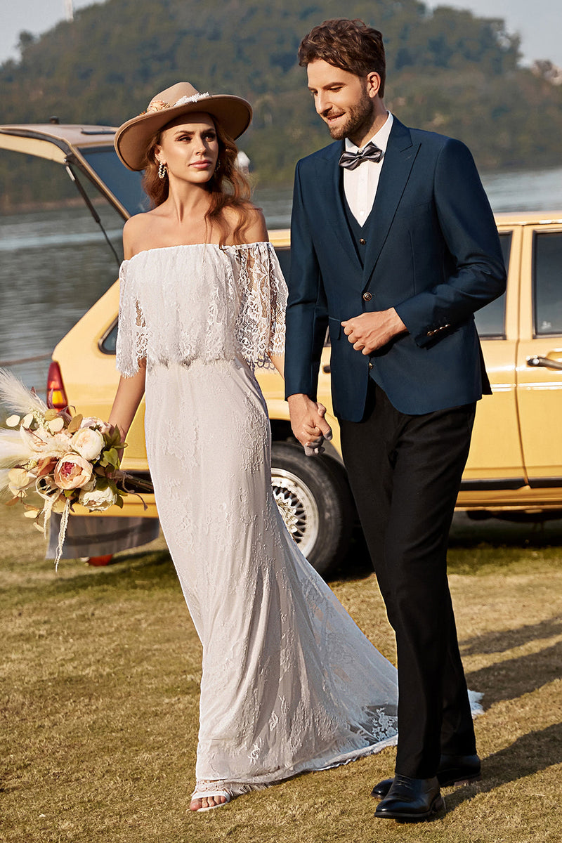 Load image into Gallery viewer, Ivory Mermaid Off The Shoulder Lace Boho Wedding Dress With Sweep Train