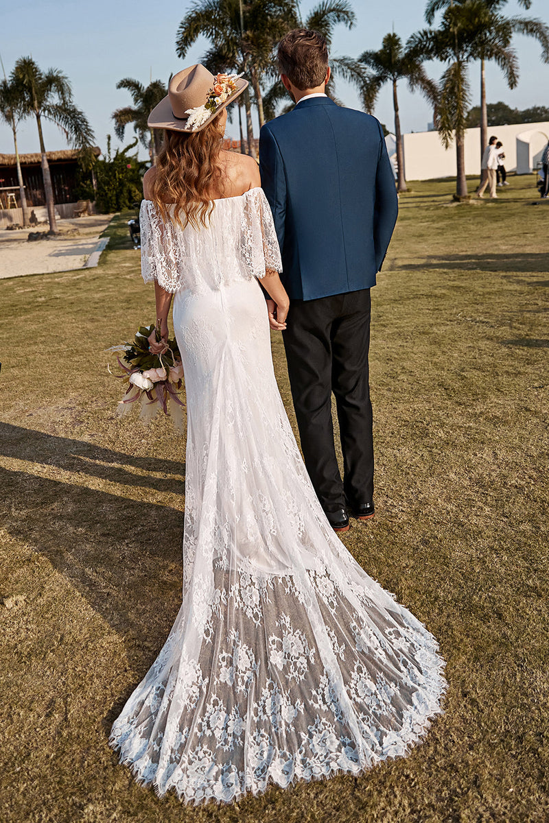 Load image into Gallery viewer, Ivory Mermaid Off The Shoulder Lace Boho Wedding Dress With Sweep Train