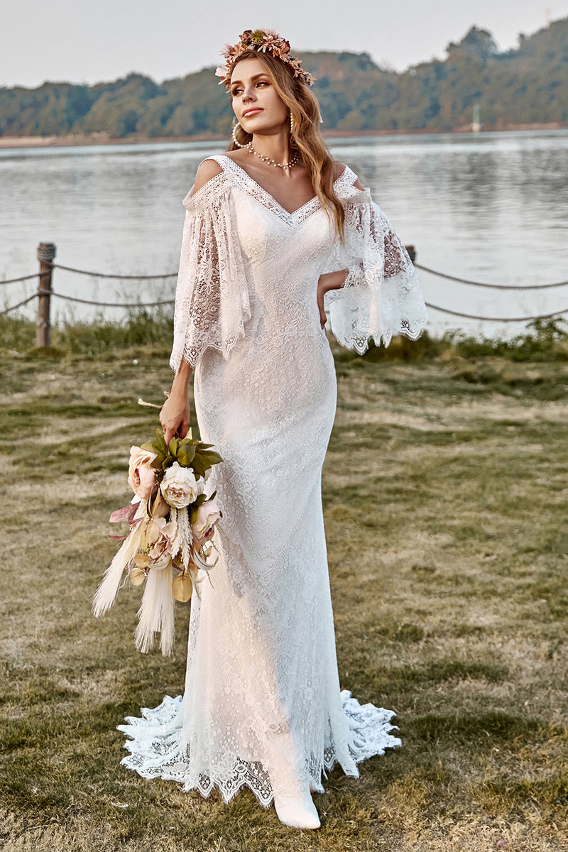 Hellymoon Women Boho Wedding Dress Ivory Lace Mermaid Cape Sleeve Cold Shoulder Beach Bridal Dress hellymoonuk Hellymoon Women Boho Wedding Dress Ivory Lace Mermaid Cape Sleeve Cold Shoulder Beach Bridal Dress hellymoonuk