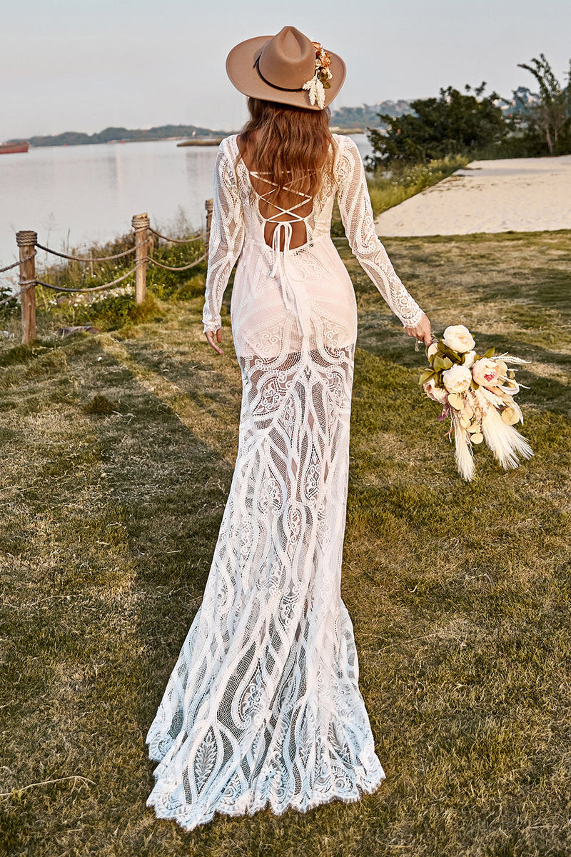 Load image into Gallery viewer, Ivory Mermaid Long Sleeves Lace Boho Wedding Dress With Sweep Train