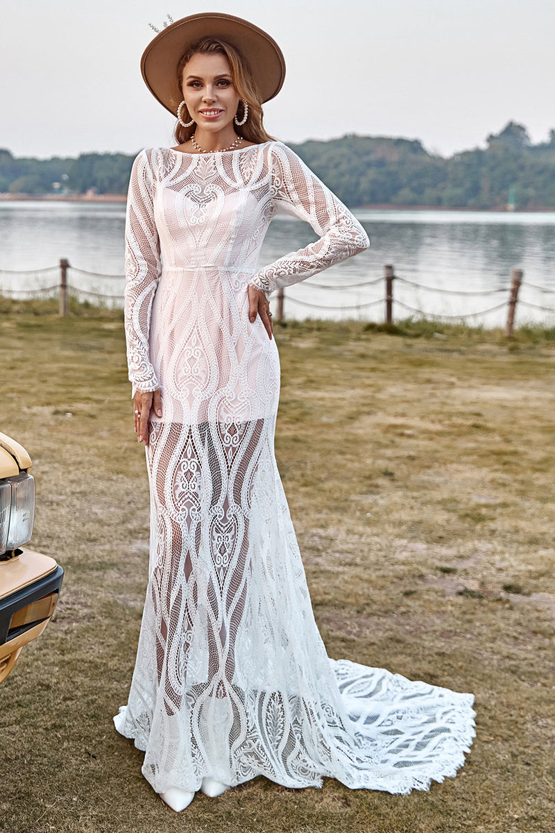 Load image into Gallery viewer, Ivory Mermaid Long Sleeves Lace Boho Wedding Dress With Sweep Train